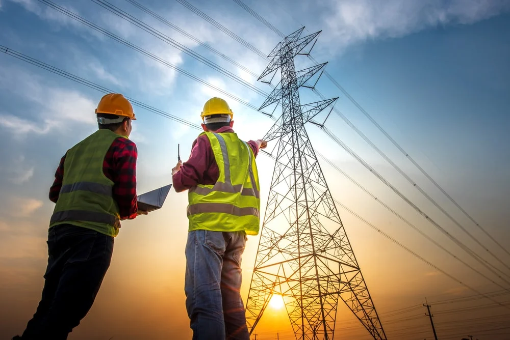 two men in work clothes showing a power pylon
