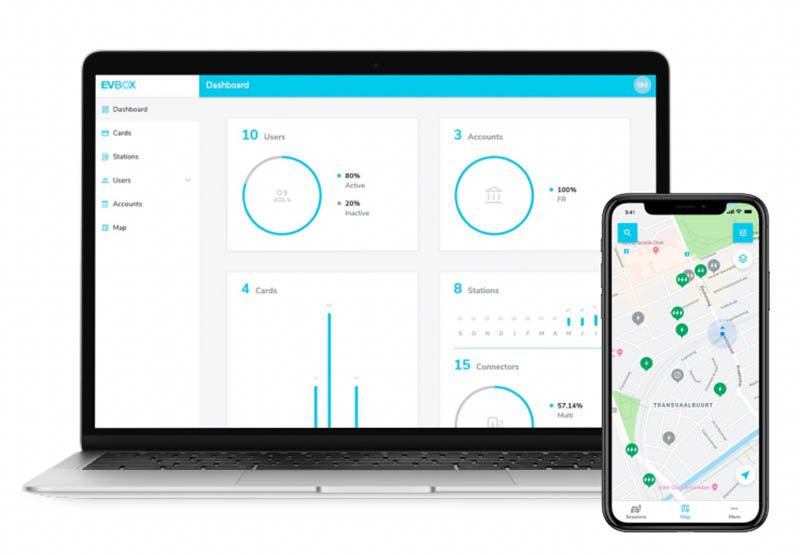 A visual mockup of a laptop and a smartphone showing EVBox charging stations monitoring software. The laptop shows the dashboard, while the smartphone shows a map.