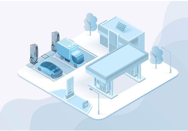An infographic showing a car and a truck while fast charging at a EVBox DC charger at a gas station.