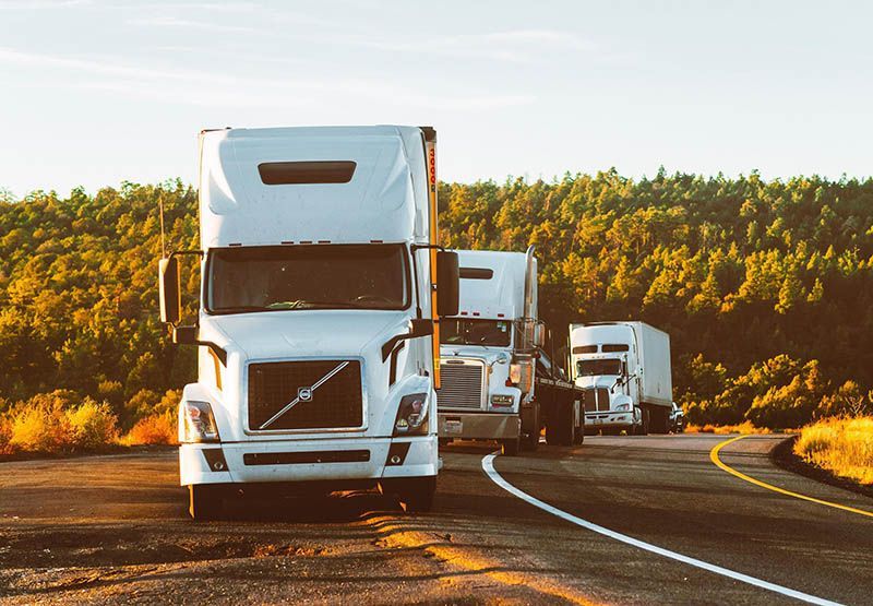 Three heavy-duty trucks parked along a country road at sunset.