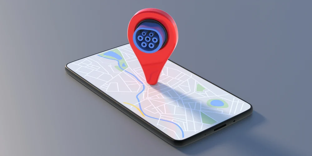 An infographic of an EV charging station located on a smartphone maps app.