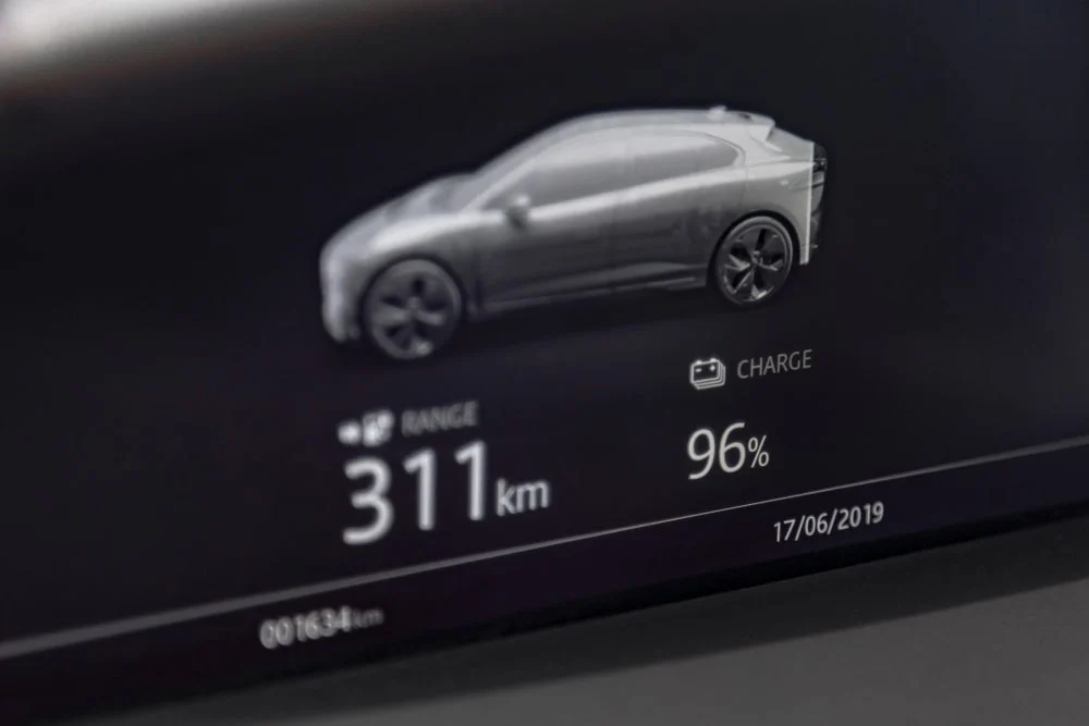A dashboard of an electric car showing the available range and state of charge.