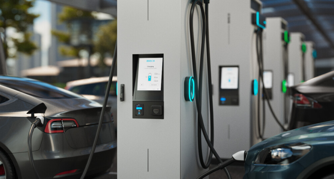 A lineup of Troniq modular charging stations.