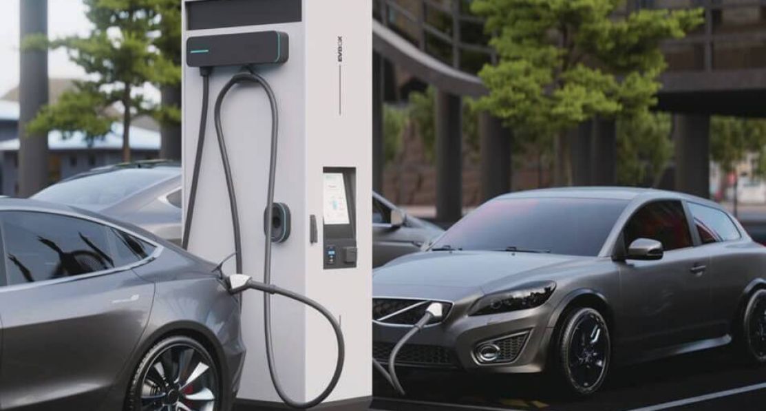 EVBox Troniq Modular fast charging station charging two electric vehicles