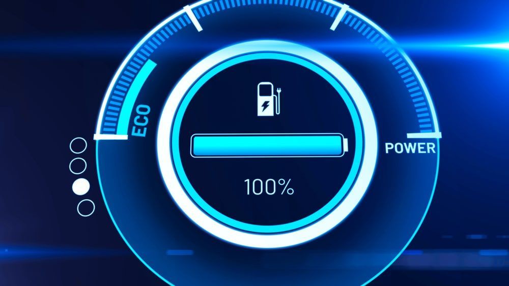 Blue graphics showing car being fully charged.