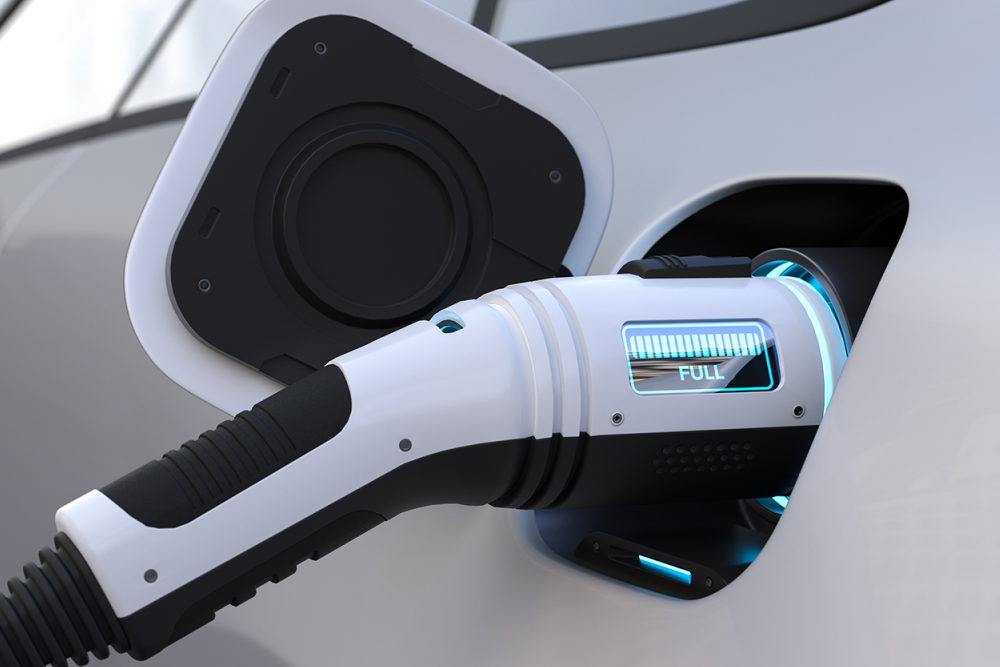 An electric vehicle being charged with a futuristic looking charging port which indicates the vehicle is full in LED lights.