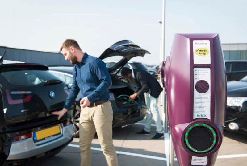 Person closing car boot next to an EVBox BusinessLine charging station