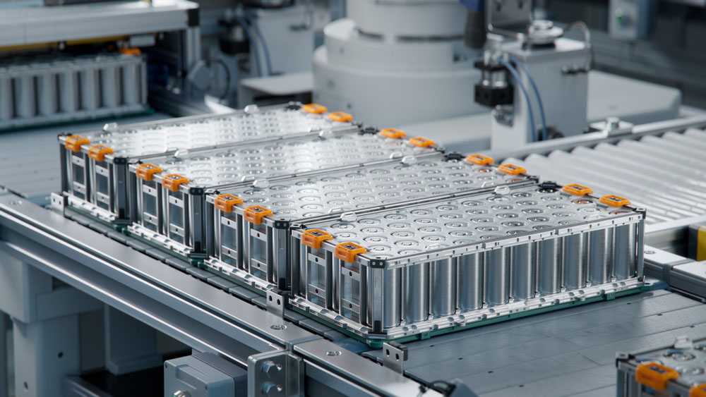 Many EV batteries are being produced in an factory.