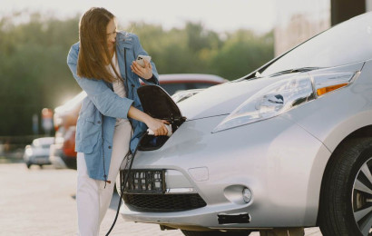 A woman plugs her car into a charging station.