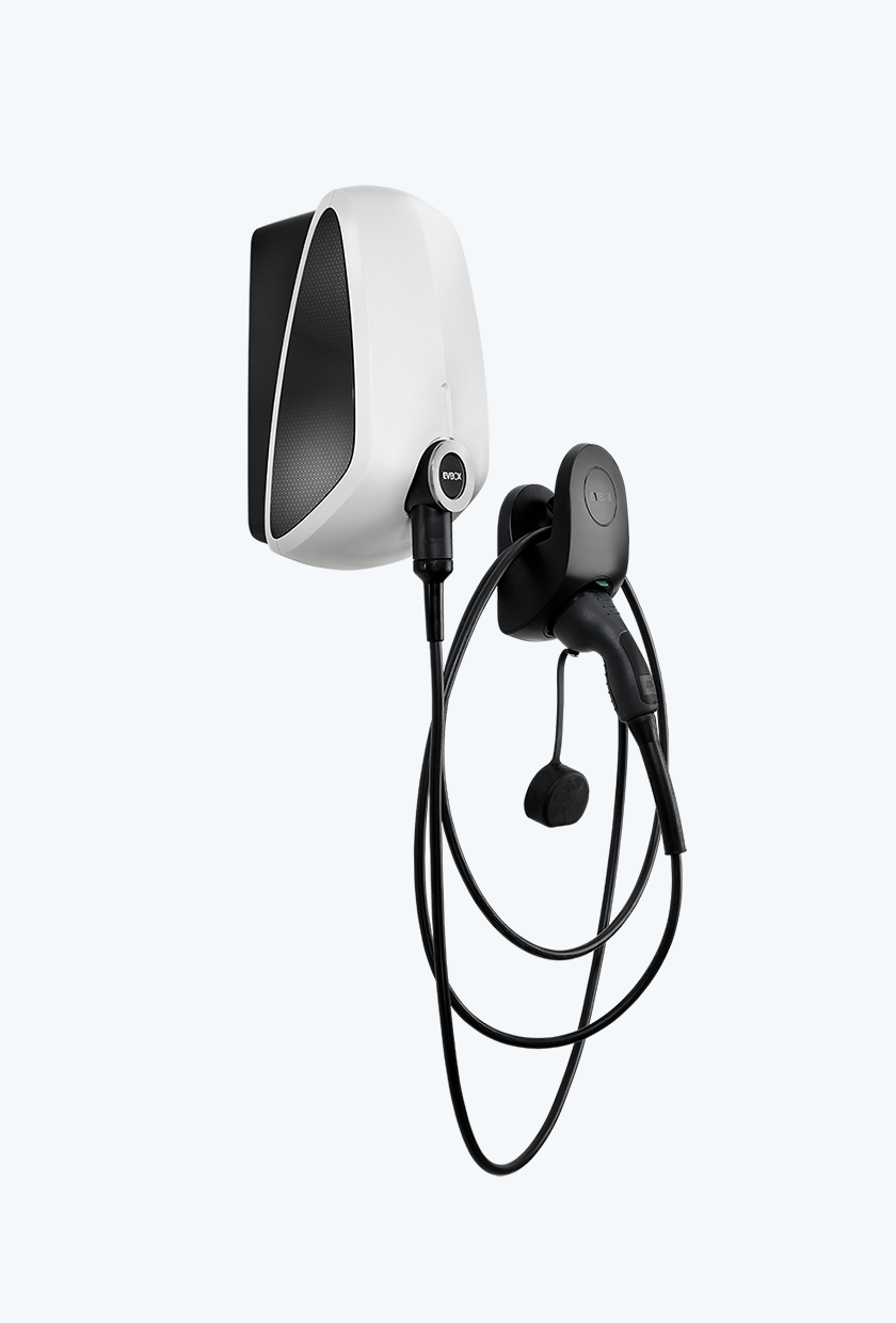 White version of the EVBox Elvi home charging station with a fixed cable